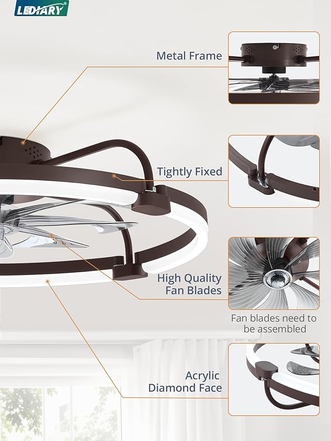 LEDIARY Ceiling Fans with Lights and Remote, 24'' Low Profile Ceiling Fan with Light, 3000-6000K Dimmable Fandelier LED Fan Light, 6 Wind Speeds, Brown Modern Flush Mount Ceiling Fan for Bedroom