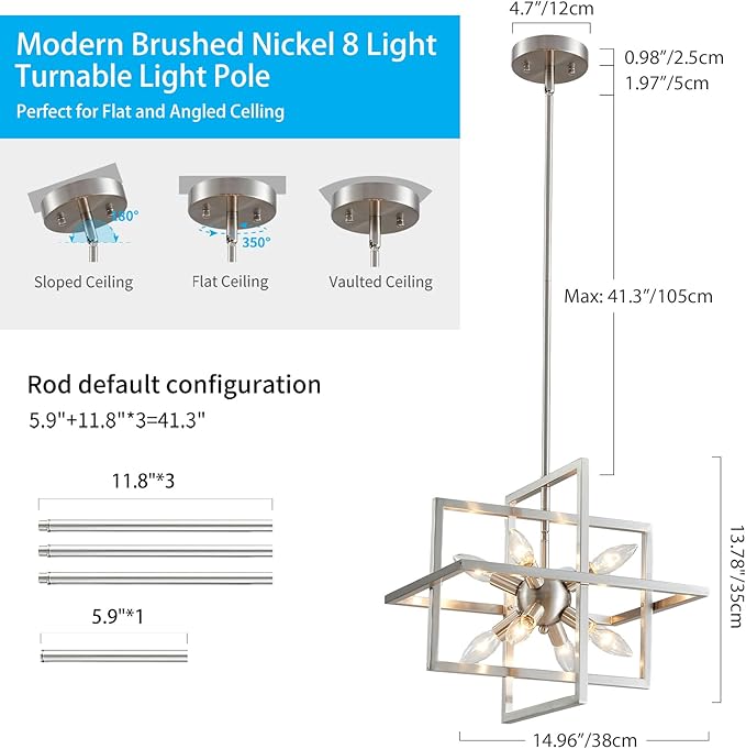 XINGQI 15“ Modern Chandelier 8-Light Brushed Nickel Geometric Pendant Lighting Farmhouse Ceiling Light Fixtures for Dining Room Living Room Kitchen Island Bedroom Hallway