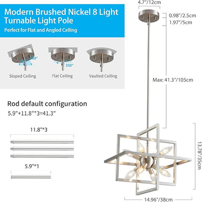 XINGQI 15“ Modern Chandelier 8-Light Brushed Nickel Geometric Pendant Lighting Farmhouse Ceiling Light Fixtures for Dining Room Living Room Kitchen Island Bedroom Hallway