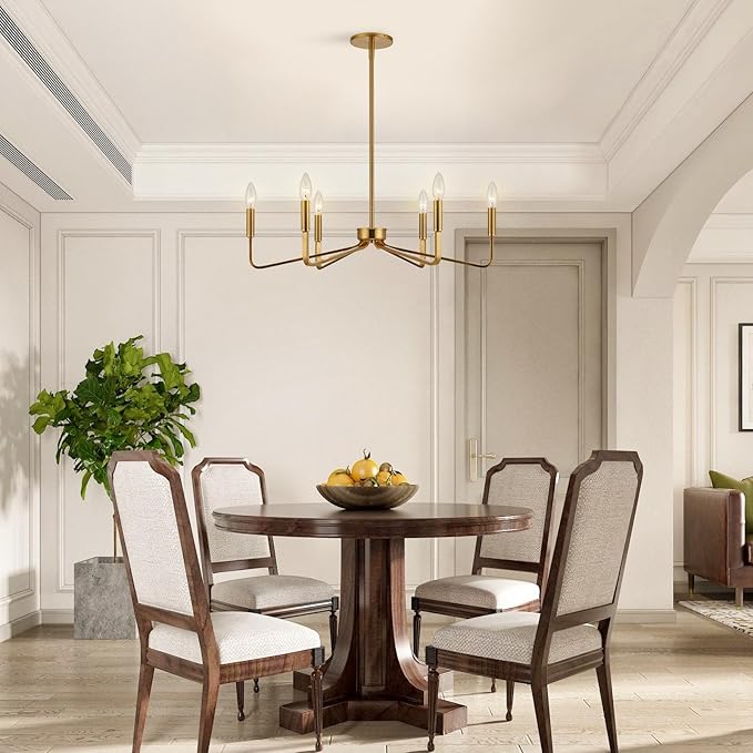 Brushed Gold Chandeliers for Dining Room, 6-Light Modern Farmhouse Chandelier, Brass Candle Style Hanging Light Fixture for Living Room Bedroom Kitchen Island