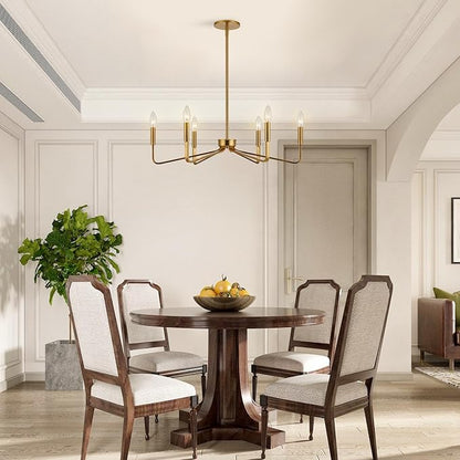 Brushed Gold Chandeliers for Dining Room, 6-Light Modern Farmhouse Chandelier, Brass Candle Style Hanging Light Fixture for Living Room Bedroom Kitchen Island
