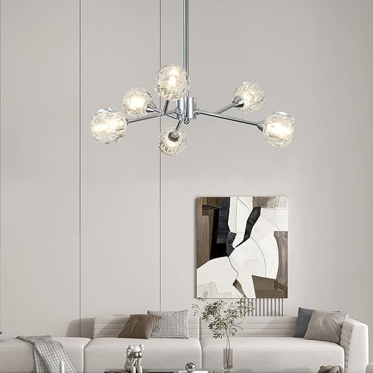 Weesalife Sputnik Chandeliers for Dining Room Light Fixture Over Table, Modern Crystal Chandeliers, 6 Lights Chrome Lighting Fixtures for Living Room Bedroom Kitchen Island