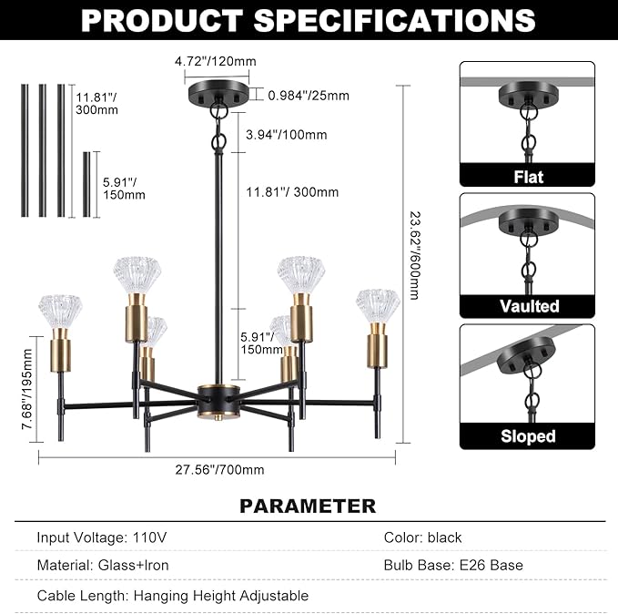 Black pendant light, 6-light dining room light fixture, height adjustable hanging restaurant lighting fixture, suitable for industrial retro pendant lights in farmhouses, kitchens, living rooms