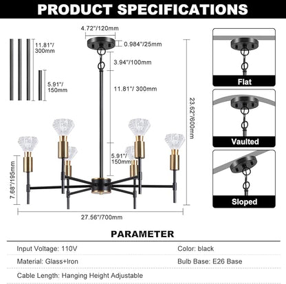 Black Crystal Pendant Light, Modern Black Restaurant Lighting Ceiling Pendant Light, Suitable for Kitchen Island Restaurant Lighting fixtures, with Light Bulbs