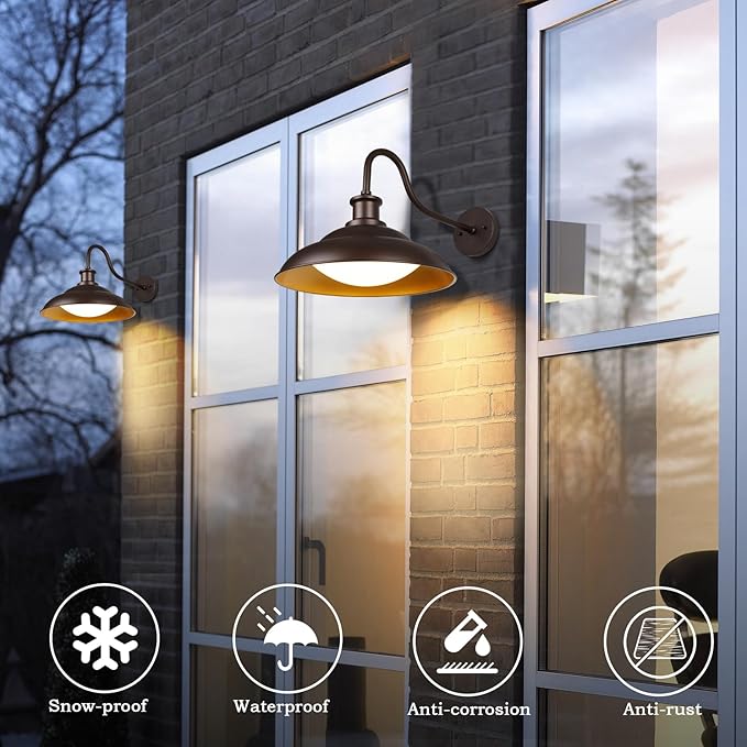 Outdoor LED Barn Lights, 16 Inch Dome Large Farmhous Exterior Wall Lights Fixture with Adjustable Color Temperature, Modern Bronze Gold Wall Sconces Outside for House Garage Doorway, 2Pack