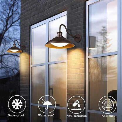 Outdoor LED Barn Lights, 16 Inch Dome Large Farmhous Exterior Wall Lights Fixture with Adjustable Color Temperature, Modern Bronze Gold Wall Sconces Outside for House Garage Doorway, 2Pack