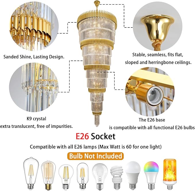 Extra Large 9-Tier Gold Crystal Chandelier Long Stair Chandeliers Luxury Empire Crystal Chandelier Lighting for High Ceiling Entryway Foyer Grand Hotel Lobby 31-Light H84 x W40