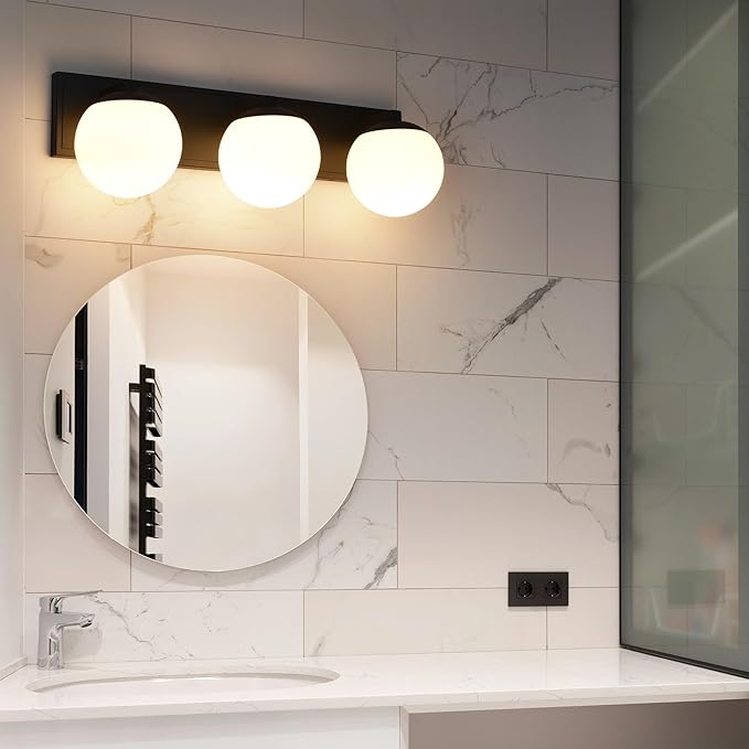 Black Bathroom Vanity Light Fixtures, 3-Light Globe Bathroom Lighting Fixtures Over Mirror, Modern Wall Lights for Living Room, Long Backplate, Standard E26 Base, Textured Black