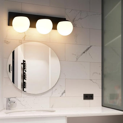 Black Bathroom Vanity Light Fixtures, 3-Light Globe Bathroom Lighting Fixtures Over Mirror, Modern Wall Lights for Living Room, Long Backplate, Standard E26 Base, Textured Black