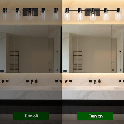 5-Light Modern Vanity Light Fixtures Over Mirror, Matte Black Bathroom Light Fixtures, Vanity Lights, Wall Sconce with Clear Glass Shade for Bathroom, E26 Base