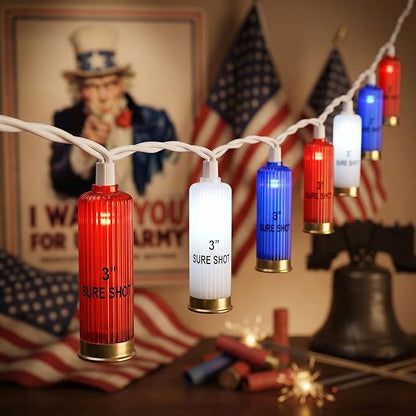 8.5Ft 4th of July String Lights, 10L LED Red White and Blue Shotgun Shell Lights Plug in for Home Classroom Porch Backyards Tree Patriotic Holiday Decorations, Indoor and Outdoor Use