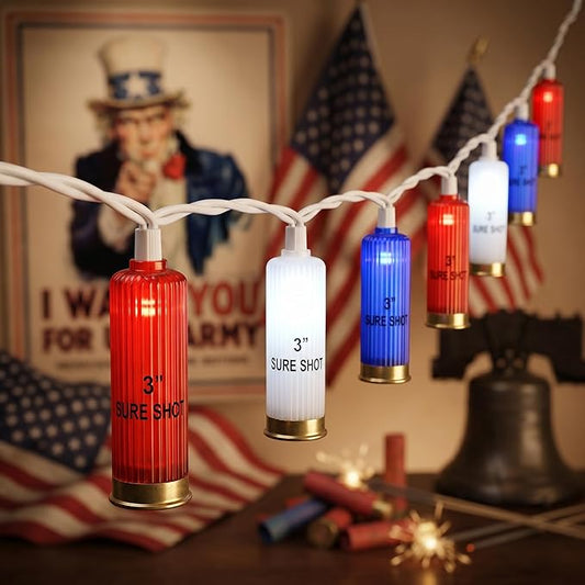8.5Ft 4th of July String Lights, 10L LED Red White and Blue Shotgun Shell Lights Plug in for Home Classroom Porch Backyards Tree Patriotic Holiday Decorations, Indoor and Outdoor Use