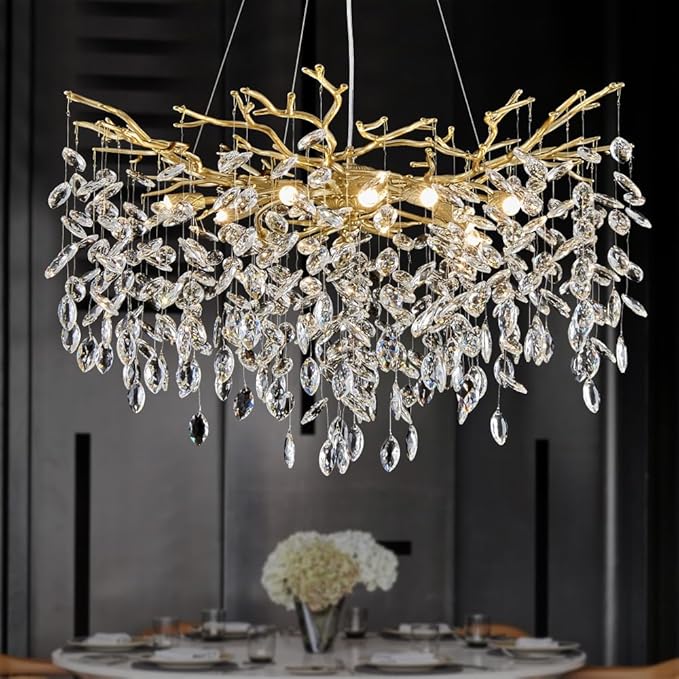 Modern Gold Chandelier Light Fixtures - Dia 31.5 inches Luxury Crystal Chandelier Lighting, Large Kitchen Light Fixture, Led Branch Crystal Chandeliers for Dining Room, Bedroom, Living Room