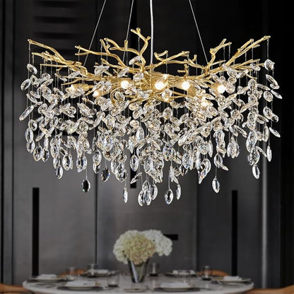 Modern Gold Chandelier Light Fixtures - Dia 31.5 inches Luxury Crystal Chandelier Lighting, Large Kitchen Light Fixture, Led Branch Crystal Chandeliers for Dining Room, Bedroom, Living Room