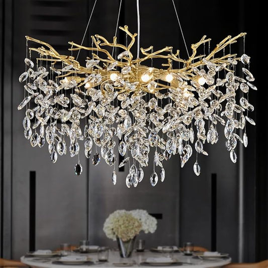 Modern Gold Chandelier Light Fixtures - Dia 31.5 inches Luxury Crystal Chandelier Lighting, Large Kitchen Light Fixture, Led Branch Crystal Chandeliers for Dining Room, Bedroom, Living Room