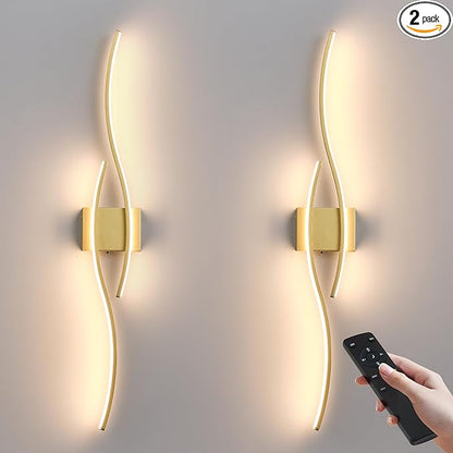 KARTOOSH Battery Operated Wall Sconces Set of Two with Remote Control, Dimmable/3 Colors/Night-Light/Timer/Memory, Gold Modern Wireless LED Sconce for Living Room, Hallway, Bedroom, 39.3 Inch (2 Pack)
