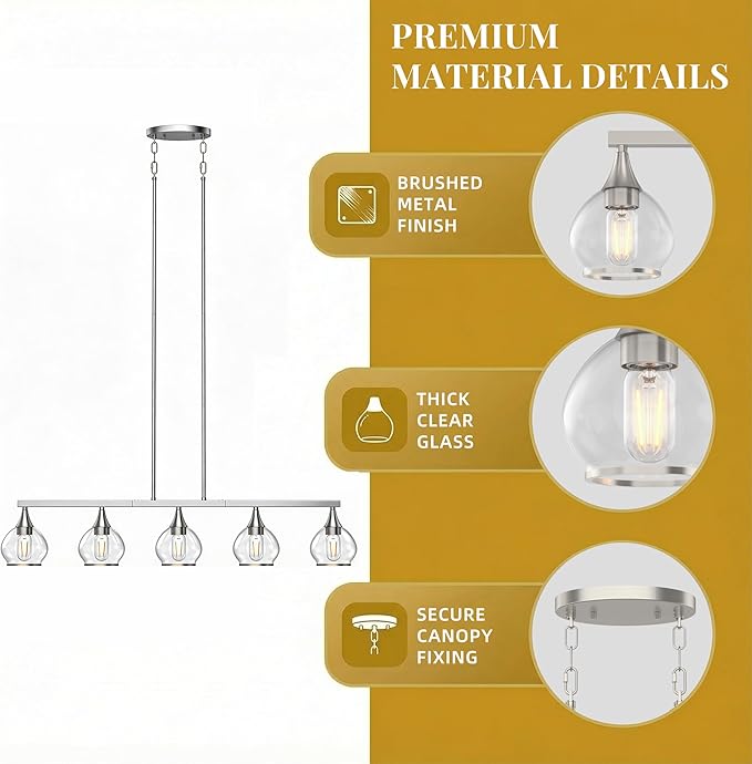 Kitchen Island Linear Pendant Light, 5-Light Modern Chandelier with Clear Glass Globe Shades, Linear Lighting Fixture Over Dining Table, Brushed Nickel