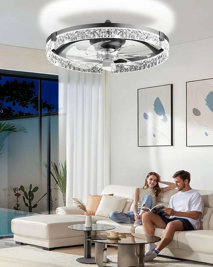 AIKVSXER 20" Low Profile Ceiling Fan with Light and Remote, Dimmable LED Flush Mount Ceiling Fan, 6 Speeds, White Modern Design for Bedroom/Living Room （Black-Crystal）