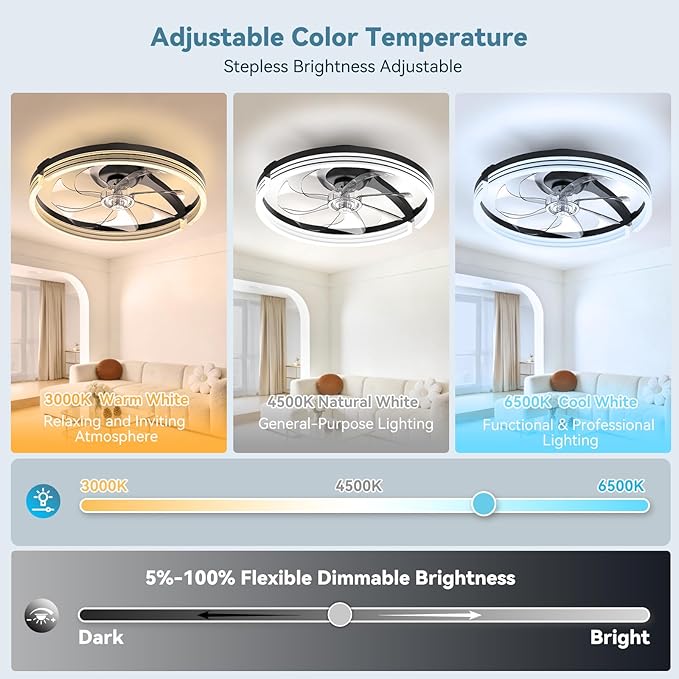 AIKVSXER Ceiling Fans with Lights,20 Inch Low Profile Fandelier with APP Control, Ultra Quiet,3CCT and 6 Wind Speeds for Bedroom, Living Room Modern Flush Mount Fan Light (Black, 20inch-Stripe Fold)