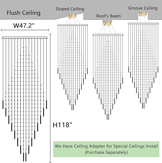HAIXIANG W47 x H120 Crystal LED Chandelier with Light Bulbs Luxury Raindrop High Ceiling Chandeliers for Entryway Villa Staircase Foyer Living Room Lighting Fixtures Gold