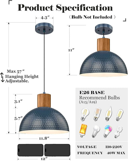 ELYONA Industrial Pendant Light 12" Hammered Metal Dome Hanging Lamp Solid Wood Pendant Light Fixtures for Kitchen Island, Farmhouse, Dining Room, Sink, Bedroom, Hallway, Modern Blue