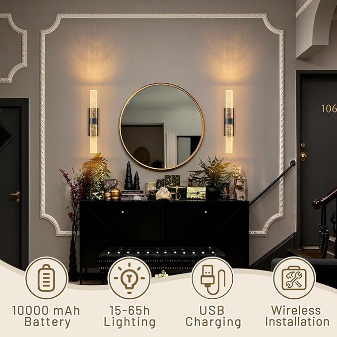 KARTOOSH Black Rechargeable Wireless Wall Sconce Set of Two, Battery Operated Wall Lights with Remote Control,350°Rotate,3000K/4000K/6000K,Dimmable,Timer,for Living Room,Dining Room,Hallway,15.3 Inch