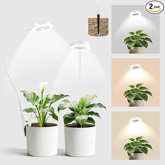 LORDEM Grow Lights for Indoor Plants, 2 in 1 Full Spectrum Plant Light with 360° Gooseneck, 48 LEDs, Auto Timer 6/8/12/16H, 3 Lighting Modes,5 Brightness Levels for Small Plants, 2 Pack White