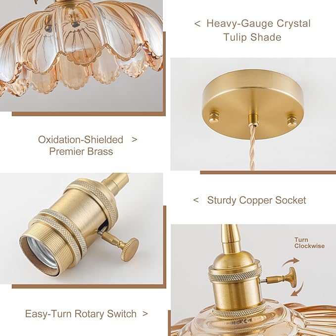 3 Pack Glass Pendant Lights Kitchen Island, Vintage Brass Pendant Light Fixtures, Adjustable Amber Kitchen Pendant Lighting Over Island for Bedroom Living Room Hallway Dining Room
