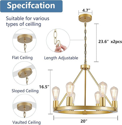 9MMML Gold Wagon Wheel Chandelier, 6-Light Industrial Pendant Light, 20'' Farmhouse Ceiling Hanging Chandelier Light Fixture for Living Room, Bedroom, Entryway, Foyer