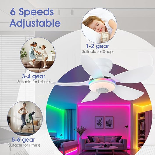 Kviflon 36 Inch White Ceiling Fan with Light, 5 Blades Flush Mount Fan with RGB & 3 CCT Dimmable Light, APP & Remote Control, Built-in Speaker, Reversible, 6 Speeds for Bedroom Living Room