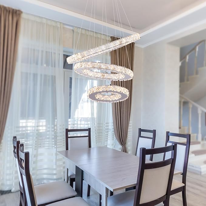 Dimmable Crystal LED Chandelier(3000-6500K) for High Ceiling – Remote Control, Adjustable Height, Modern Stainless Steel Fixture for Foyer, Staircase, Living Room(Chrome 3-Ring)