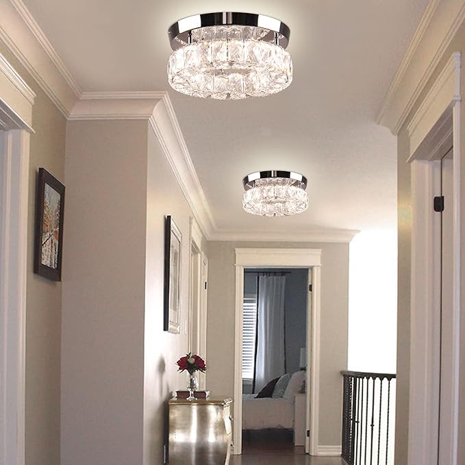 9.8" Small Crystal Chandeliers LED Round Crystal Ceiling Light Flush Mount Light Fixture for Foyer Entryway Crystal Hallway Light Bedroom, 3 Colors Adjustable