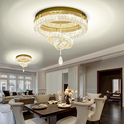Flashing God Dia 20" Modern Crystal Chandelier for Dining Room Gold Ceiling Chandelier Flush Mount Ceiling Light for Living Room Bedroom Hallway