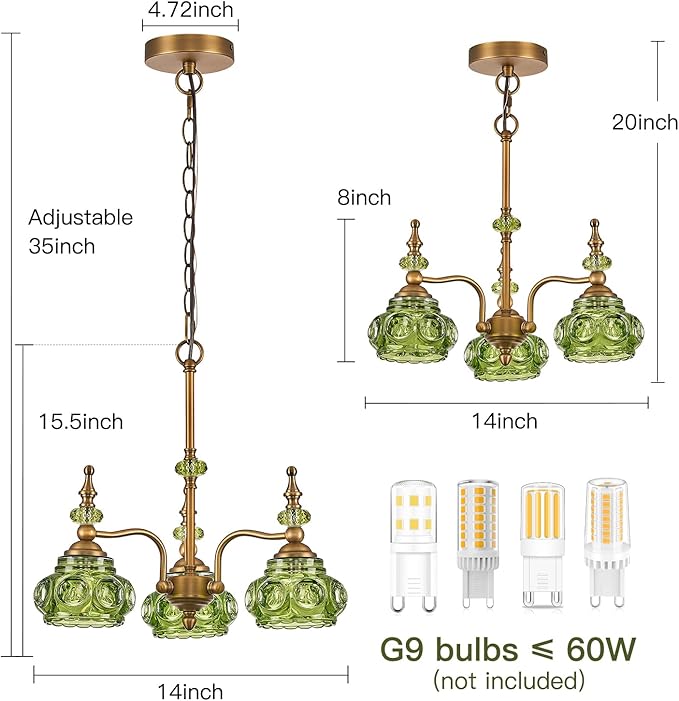 3-Light Green Pendant Lighting Fixtures Vintage Brass Pendant Light for Bedroom Kitchen Island Dining Room Living Room