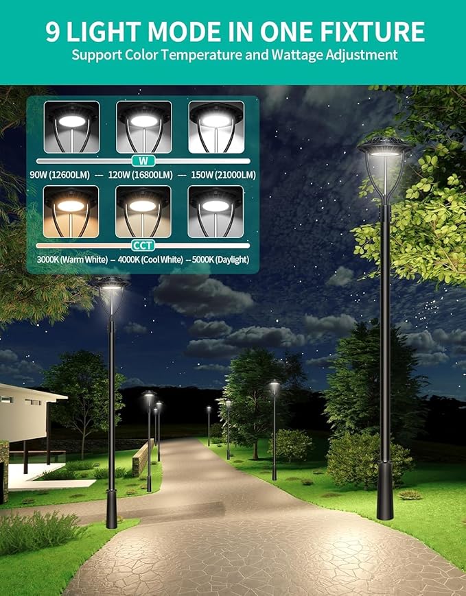10 Pack LED Post Top Light ETL Listed 150W 120W 90W Adjustable 3CCT Adjustable Outdoor Pole Lights with Photocell IP65 Waterproof Post LED Fixture for Garden Yard Street