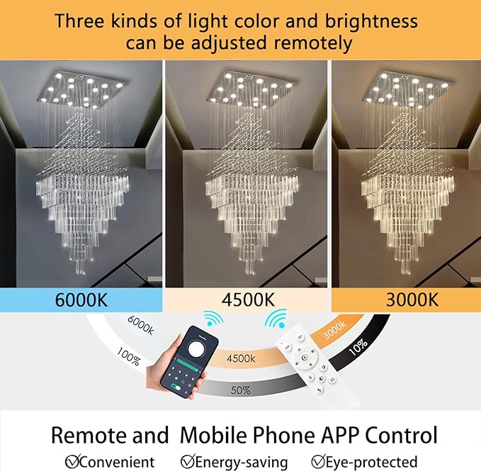 HAIXIANG W40 x H120 Glam Chandelier with LED Bulbs Square Chandeliers, Crystal Raindrop High Ceiling Pendant Light for Entrance Large Villa Chandelier Foyer Lighting Fixtures Silver