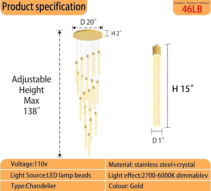 138'' Long Crystal Column Chandelier Extra Large High Ceiling Chandelier Staircase Gold 20-Lights Dimmable Led Pendant Lighting Foyer Entryway Light Source is Replaceable