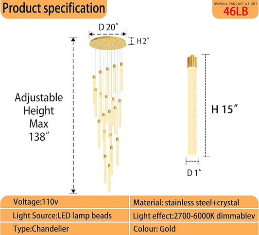 138'' Long Crystal Column Chandelier Extra Large High Ceiling Chandelier Staircase Gold 20-Lights Dimmable Led Pendant Lighting Foyer Entryway Light Source is Replaceable