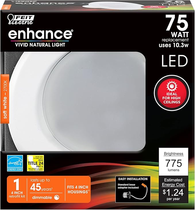 Feit Electric 4 inch LED Recessed Lighting Retrofit Downlight - Pre-Mounted Trim - Standard Base Adapter - 3000K Bright White - Dimmable- 75W Equivalent - High Output - 1 Pack - LEDR4HO/930CA