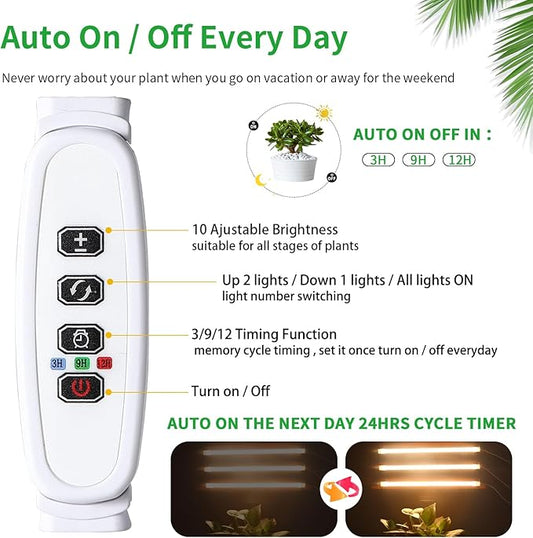 RWNTAO LED Grow Light Strips, Full Spectrum Plant Growing Lights for Indoor Plants 3500K, 144 LEDs Plant Lamp with 3/9/12H Timer, 10 Dimmable Levels, 3 Head 13 Inches