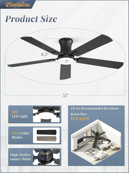 Fanbulous 52 inch ceiling fan with light, Low Profile Ceiling Fan with Light, App&Remote Control, Dimmable LED Light, Flush Mount Ceiling Fan for Indoor Bedroom Living Room, Qiuet DC Motor, Black