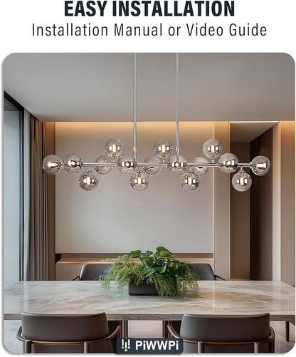 55 Inch Long Chandeliers for Dining Room Kitchen Island, Large Globe Sputnik Linear Chandelier, 16 Lights Mid Century Modern Light Fixture Over Table, Chrome and Smoke Grey Bubble, GC-08