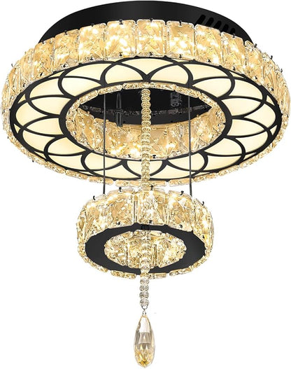 Flashing God Dia 12" Crystal Mini Chandelier Crystal Black Ceiling Light Fixtures LED Flush Mount Ceiling Light for Living Room Bedrooms Dining Room Dimmable 2700k 4500k 6000k