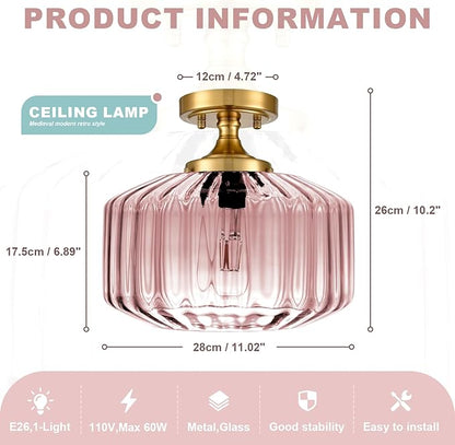 Pink Close to Ceiling Light Hallway Light Fixtures Vintage Antique Brass Ceiling Lamp with 11.02" Stripes Glass Shade, Flush Mount Ceiling Light for Closet Entryway Shower Light