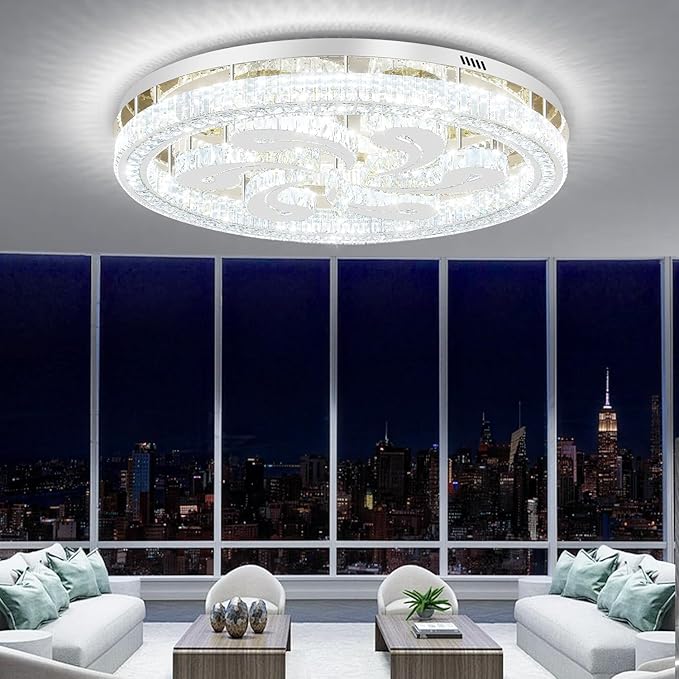 Modern Crystal Chandeliers for Dining Room Flush Mount Ceiling Chandelier for Living Room Dining Room Ring LED Crystal Ceiling Light (Round,40in Silver,Dimmable 2700K-6500K)