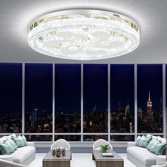 Modern Crystal Chandeliers for Dining Room Flush Mount Ceiling Chandelier for Living Room Dining Room Ring LED Crystal Ceiling Light (Round,40in Silver,Dimmable 2700K-6500K)