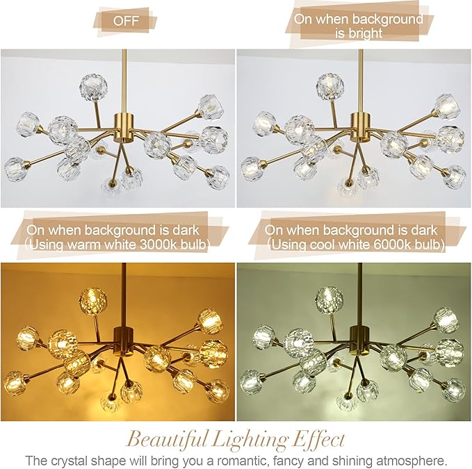 Weesalife Sputnik Chandeliers for Dining Room Light Fixtures,Modern Crystal Chandeliers for Living Room,15 Lights Gold Mid Century Brass Lighting Fixtures for Kitchen Island Bedroom Entryway