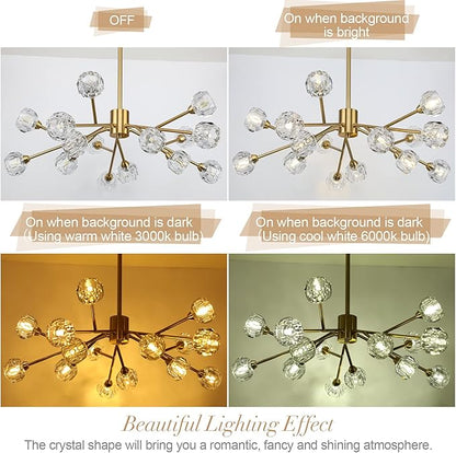 Weesalife Sputnik Chandeliers for Dining Room Light Fixtures,Modern Crystal Chandeliers for Living Room,15 Lights Gold Mid Century Brass Lighting Fixtures for Kitchen Island Bedroom Entryway