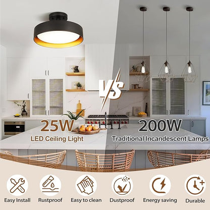 SunRider Semi Flush Mount LED Ceiling Light Fixture, 12-inch 25W 2000LM Black Pendant Lamp for Entrance Attic, Gold Inside, 3000K Warm White, Dimmable