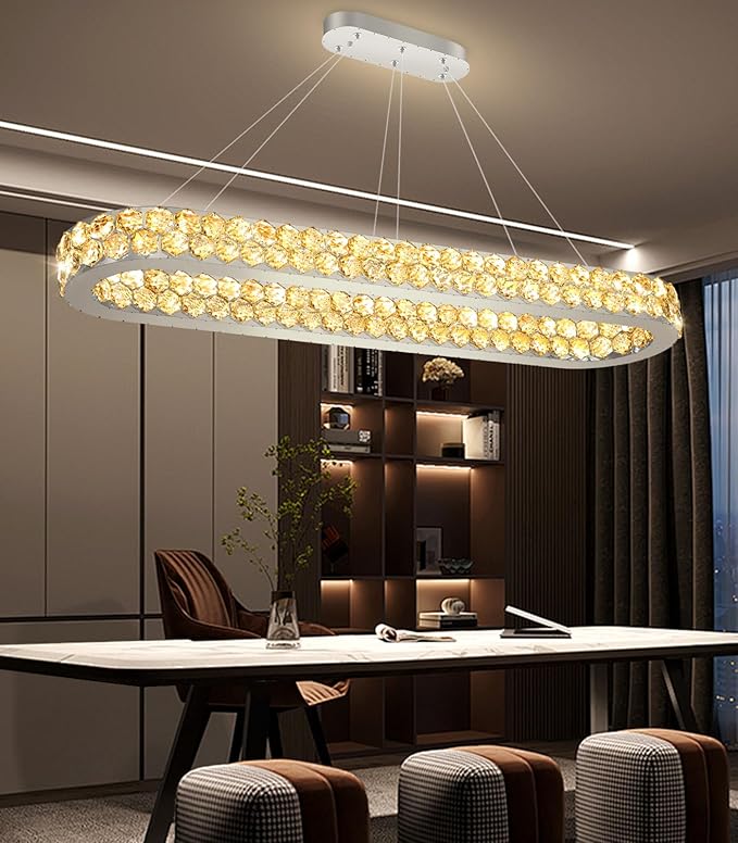47'' Modern Oval Chandelier Crystal Chandeliers for Dining Room Round Ceiling Light Fixture for Living Room Lighting LED Dimmable with Remote Ring Lights Silver